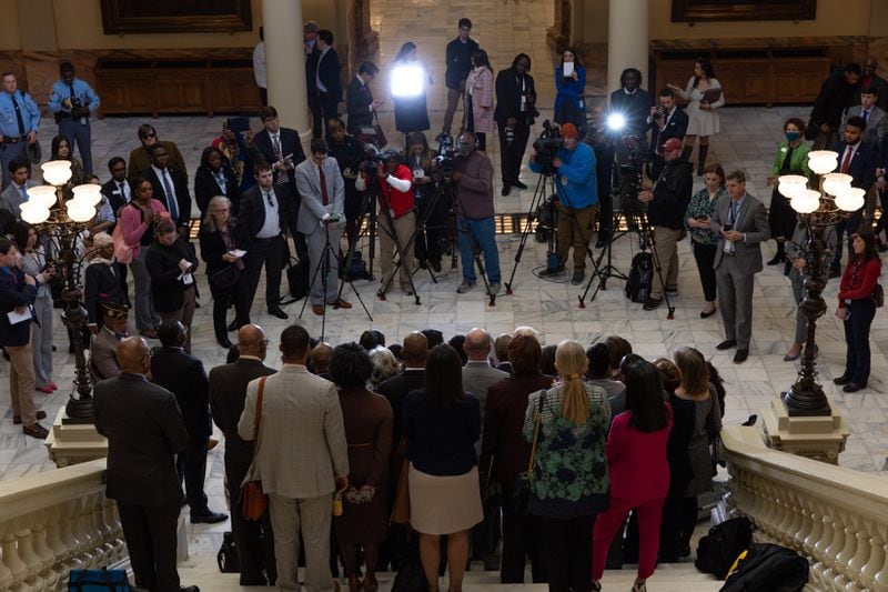 Reporters cover the Democrats’ response to Gov. Brian Kemp’s State of the State address at the Capitol in Atlanta on Thursday, January 11, 2024. (Arvin Temkar / arvin.temkar@ajc.com)