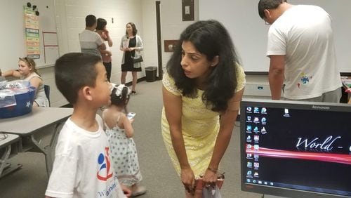 Nidhi Jain, founder of WhizLearning Kids, talks to participants in the Scratch competition on May 18 at Suwanee Elementary School. Arushi Mittal for WhizLearning Kids