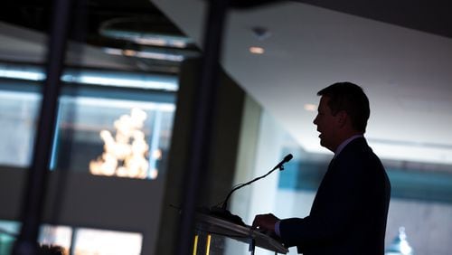 Georgia Gov. Brian Kemp gives his remarks at the grand opening of Coda, the latest addition to Technology Square, at 756 West Peachtree Street Northwest in downtown Atlanta, Ga., on Thursday, May 23, 2019. (Casey Sykes for The Atlanta Journal-Constitution)