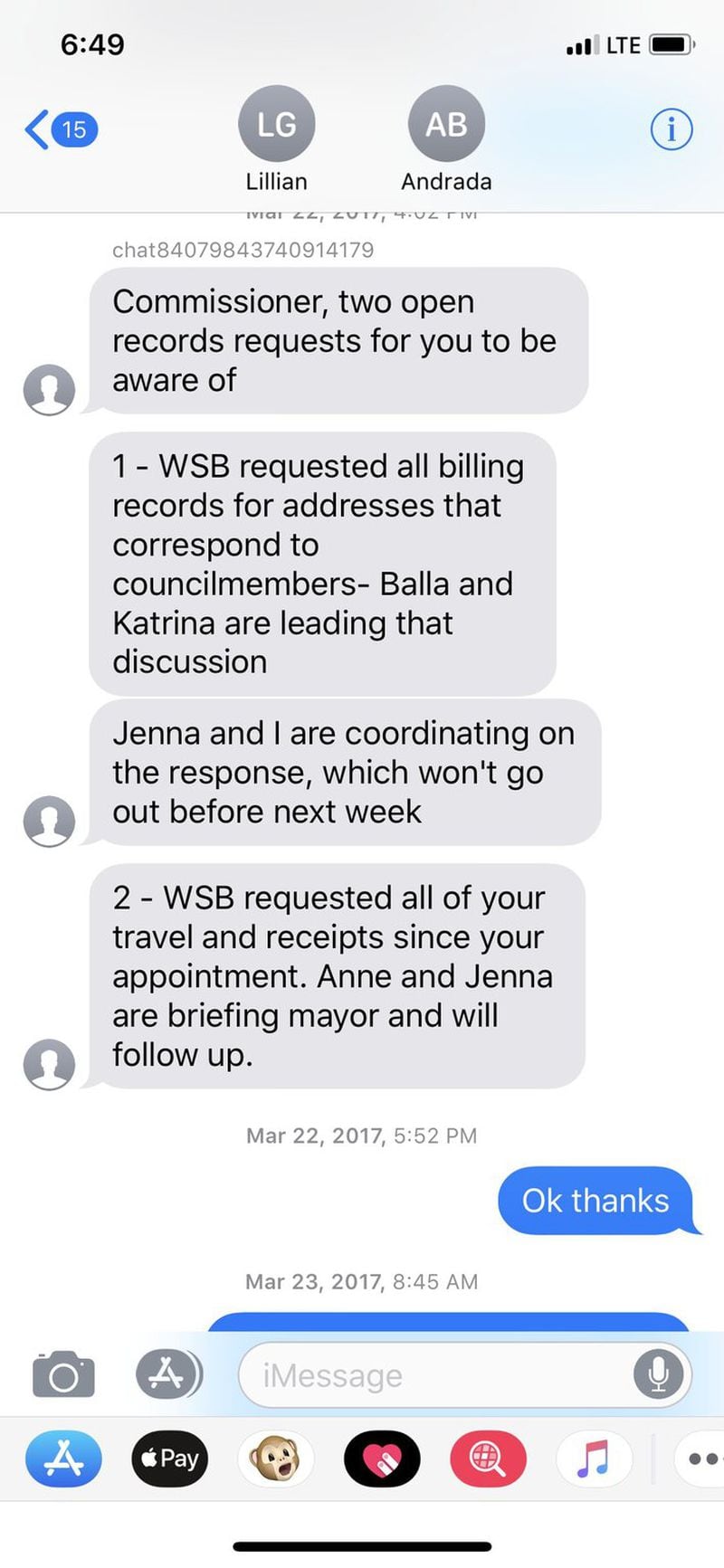 This text exchange between Atlanta Watershed Commissioner Kishia Powell and then-Watershed communications manager Lillian Govus shows Govus informed Powell of the Channel 2 open records request. Govus’ texts are in gray.