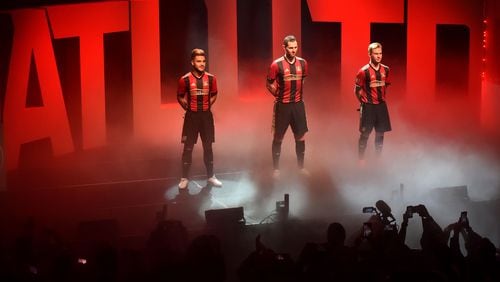 Atlanta United FC unveiled their first home kit on Tuesday night at the Tabernacle on Tuesday, November 15, 2016. Kits will be on sale at the event, or can be purchased at www.atlutd.com on Tuesday after the unveiling, or at the team store at Atlantic Station. HYOSUB SHIN / HSHIN@AJC.COM