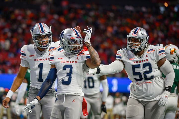 Howard wide receiver Kasey Hawthorn (3) celebrates his touchdown against Florida A&M at the Celebration Bowl at Mercedes Benz Stadium in Atlanta, Georgia on Dec. 16, 2023. (Jamie Spaar for the Atlanta Journal Constitution)