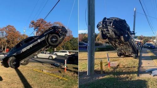 A Gwinnett County Sheriff's Office deputy's cruiser got tangled up in a guy-wire Monday afternoon following a wreck in Lawrenceville.