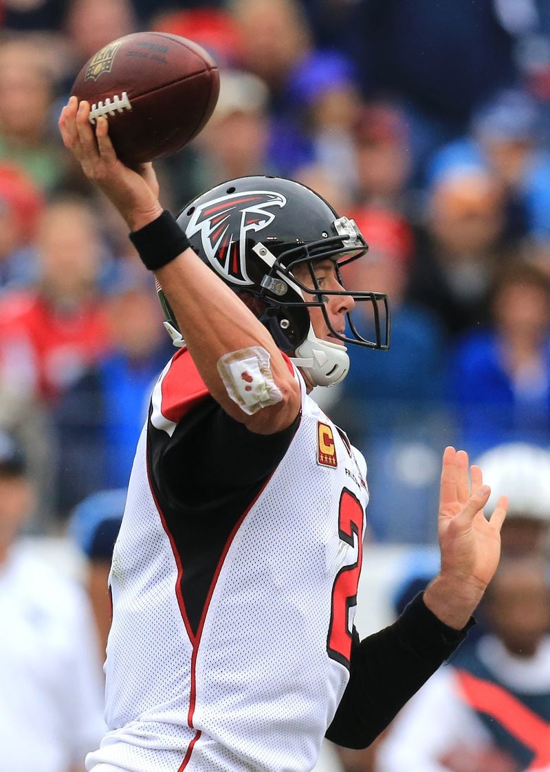 102515 NASHVILLE: -- Falcons quarterback Matt Ryan, who says he is not playing hurt and his body is in good shape, passes against the Titans with a bandaged elbow in a football game on Sunday, Oct. 25, 2015, in Nashville. Curtis Compton / ccompton@ajc.com