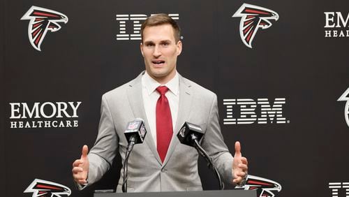 Atlanta Falcons quarterback Kirk Cousins address his remarks during his introductory press conference at the Falcons practice facility in Flowery Branch on Wednesday, March 13, 2024.
Miguel Martinez/miguel.martinezjimenez@ajc.com