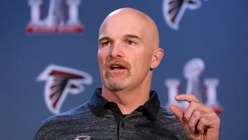 February 2, 2017, Houston: Falcons head coach Dan Quinn holds his press conference during Super Bowl media availability at Memorial City Mall ice arena on Wednesday, Feb. 1, 2017, in Houston. Curtis Compton/ccompton@ajc.com