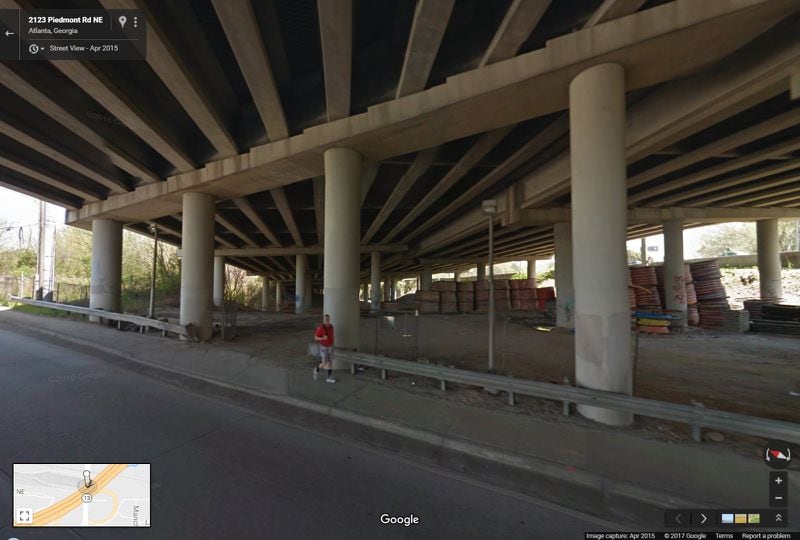APRIL 2015: This image from Google Maps Street View shows the underneath of I-85 where the interstate passes over Piedmont Road, looking to the northeast. (Google Maps Street View)