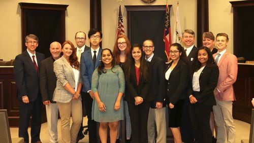 Sugar Hill 2018-2019 Youth Council members Laura Ann Acker, Camryn Flores, Nida Merchant, Bhaumi Shah, Camden Doker, Khushi Mehta, Hyunwoo (Daniel) Park, and Alexis (Lexi) Ducote were sworn in by Mayor Steve Edwards at the city council meeting Sept. 10.