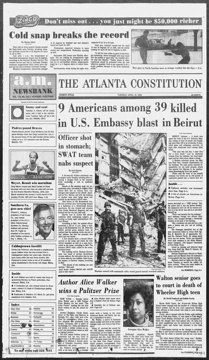 The Atlanta Constitution front page April 19, 1983.