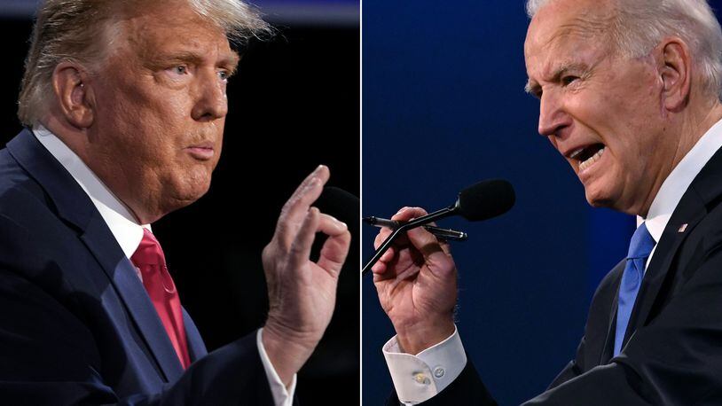 President Donald Trump, left, and Democratic presidential candidate Joe Biden during the final presidential debate at Belmont University in Nashville, Tennessee, on Oct. 22, 2020. A new poll suggests few Americans want to see a rematch in 2024. (Brendan Smialowski and Jim Watson/AFP via Getty Images/TNS)