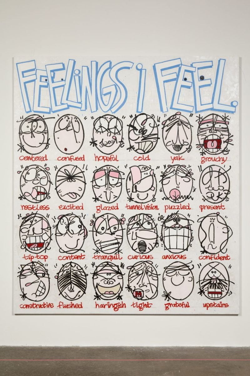 “Feelings I Feel” is a wall of pseudo self-portraits, showing the many moods of the artist,