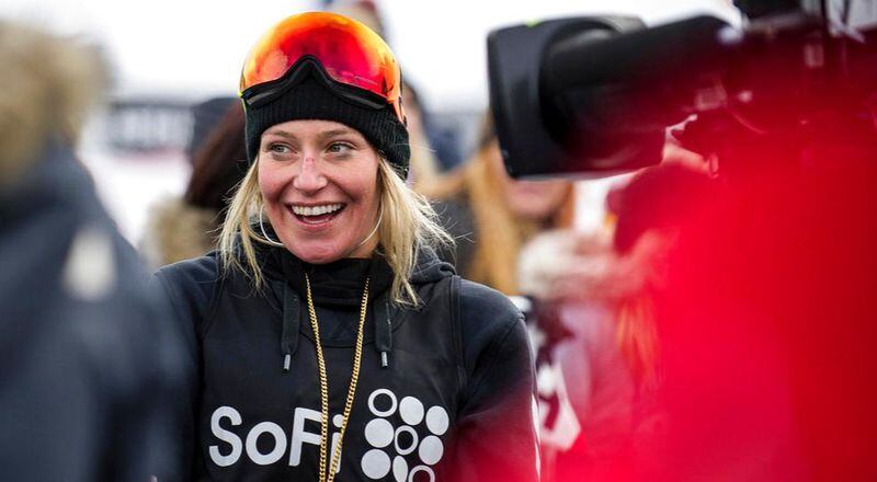 Snowboard slopestyle gold medalist Jamie Anderson smiles at the Winter X Games, Friday, Jan. 26, 2018, iN Aspen, Colo. (Anna Stonehouse/The Aspen Times via AP)