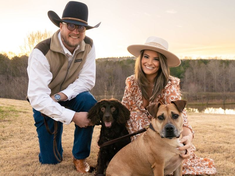 State Rep. Tyler Paul Smith, R-Breman, and Shannon Basford, included pups Abby (left) and Wendy (right) in their engagement photo. (Courtesy photo)