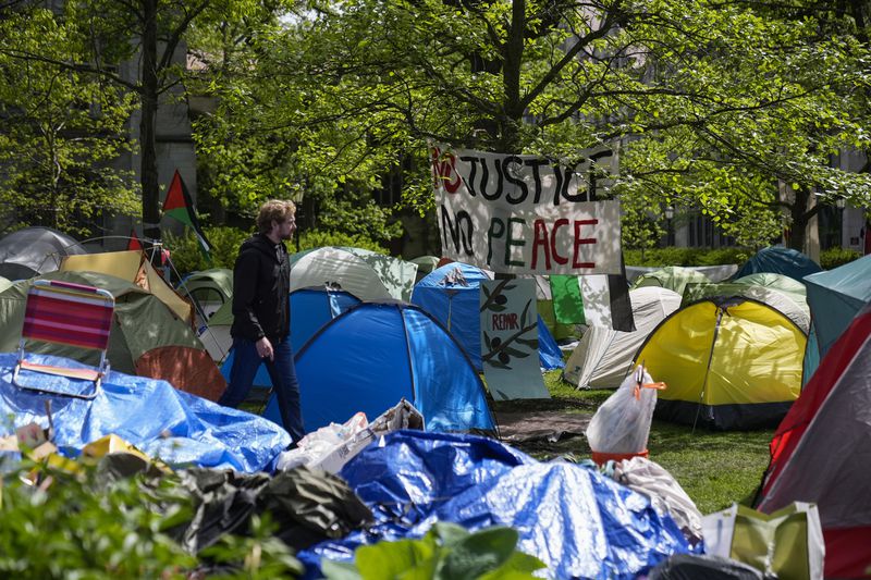 Pro-Palestinian protesters remain on the University of Chicago campus for a fifth day, Friday, May 3, 2024, in Chicago. (AP Photo/Erin Hooley)