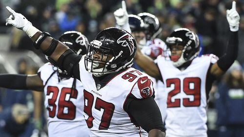 Defensive tackle Grady Jarrett #97 of the Atlanta Falcons reacts after the Seattle Seahawks missed a long field goal attempt in the last minute of the during the fourth quarter of the game at CenturyLink Field on November 20, 2017 in Seattle, Washington. The Falcons won the game 34-31.  (Photo by Steve Dykes/Getty Images)