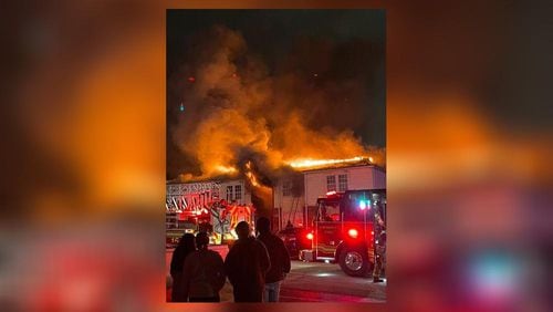 Fire crews arriving at an apartment complex Monday night along Huff Road found heavy flames blowing from a breezeway of a two-story building.