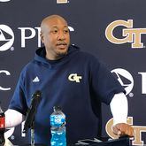 Georgia Tech special-teams coach Ricky Brumfield speaks to media members April 10, 2023, during his first spring practice with the Yellow Jackets. (Photo by Ken Sugiura/The Atlanta Journal-Constitution)