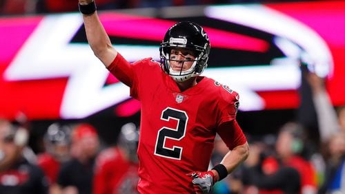 ATLANTA, GA - DECEMBER 07:  Matt Ryan #2 of the Atlanta Falcons reacts after Devonta Freeman #24 rushed for a touchdown against the New Orleans Saints at Mercedes-Benz Stadium on December 7, 2017 in Atlanta, Georgia.  (Photo by Kevin C. Cox/Getty Images)