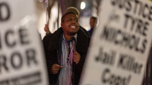 Rev. Ray Washington speaks during a protest on Friday, January 27, 2023 against the killing of Tyre Nichols by Memphis police. About 50 protestors gathered at Centennial Olympic Park in Atlanta. (Arvin Temkar / arvin.temkar@ajc.com)
