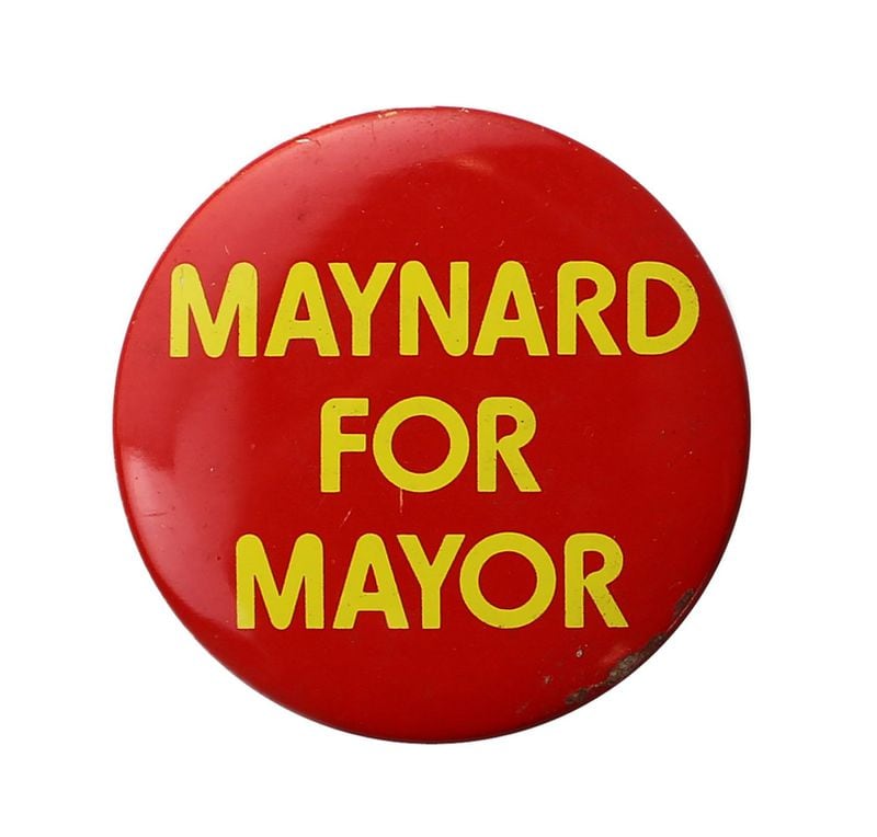 A Maynard for Mayor campaign button testifies to Maynard Jackson’s influential run as the first African-American mayor in a major Southern city beginning with his election in 1973. Political, sports and business figures including Jackson are featured in an Atlanta History Center exhibition that tells the story of Atlanta through its objects. CONTRIBUTED BY ATLANTA HISTORY CENTER