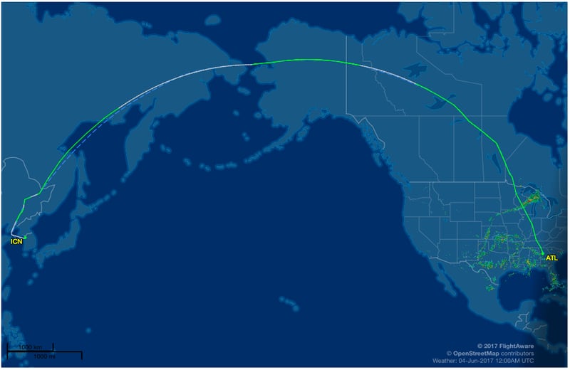 The previous flight path for Delta flights from Atlanta to Seoul crossed over Russian airspace, as shown in this image from FlightAware.com showing the path of Delta's inaugural flight on the route, as published by DeBrian Travels in 2017. Source: DeBrianTravels.com and FlightAware.