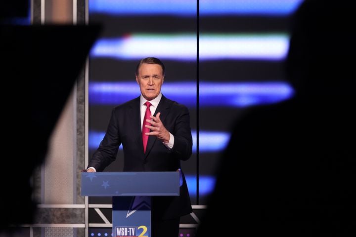Former U.S. Sen. David Perdue speaks to the camera and viewers during his closing statement at WSB-TV  on Sunday, April 24, 2022, during the first of three scheduled debates in the GOP primary for governor. (Photo: Miguel Martinez/miguel.martinezjimenez@ajc.com)