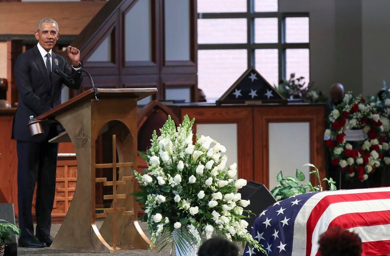 7/30/20 - Atlanta, GA -  Former President Barack Obama, addresses the service.  On the sixth day of the “Celebration of Life” for Rep. John Lewis, his funeral is  held at Ebenezer Baptist Church in Atlanta, with burial to follow.   Alyssa Pointer / alyssa.pointer@ajc.com