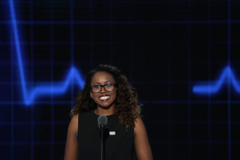 PHILADELPHIA, PA - JULY 26:  Actress Erika Alexander delivers remarks on the second day of the Democratic National Convention at the Wells Fargo Center, July 26, 2016 in Philadelphia, Pennsylvania. Democratic presidential candidate Hillary Clinton received the number of votes needed to secure the party's nomination. An estimated 50,000 people are expected in Philadelphia, including hundreds of protesters and members of the media. The four-day Democratic National Convention kicked off July 25.  (Photo by Alex Wong/Getty Images)