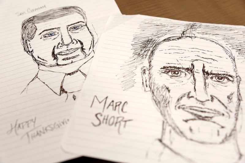 Emily Kohrs, the forewoman of the Fulton County special grand jury that examined interference in Georgia's 2020 elections, enjoyed sketching witnesses as they testified. Here are two she drew of Sen. Lindsey Graham and Pence aide Marc Short. (miguel.martinezjimenez@ajc.com)