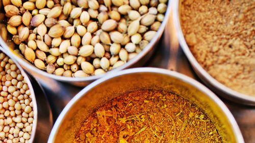 The spices you will need to begin your Indian cooking journey are; coriander, cumin, turmeric, mustard seeds (yellow and black), cinnamon, fennel, ginger, red chili, cardamom, clove and fenugreek leaves. (Juli Leonard/Raleigh News & Observer/TNS)