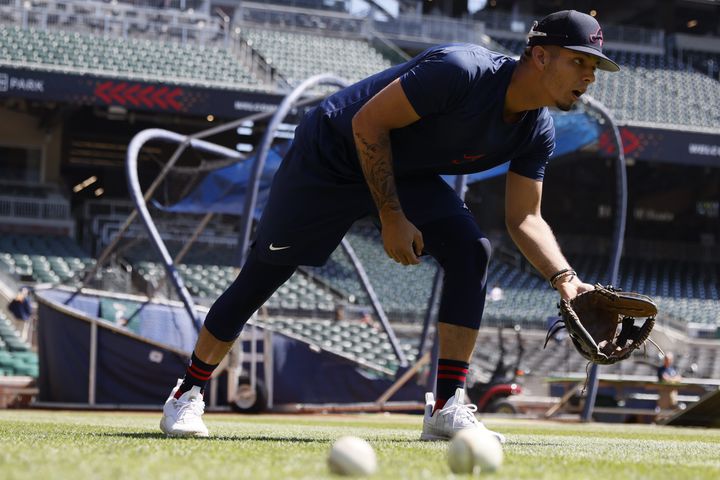 Braves shortstop Vaughn Grissom (18) works on a drill before the game against the Astros at Truist Park, Sunday, April 23, 2023, in Atlanta. 
Miguel Martinez / miguel.martinezjimenez@ajc.com 