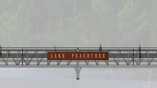 The new bridge next to the Lake Peachtree spillway will include a lighted sign and decorative columns. Courtesy Peachtree City