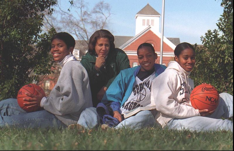 Left to right - Leslie Wingard, Kathy Richey-Walton (coach), Wendie Donahue and Vinessa Lane, the basketball program at Spelman College. (AJC photo/John Spink) 12/95