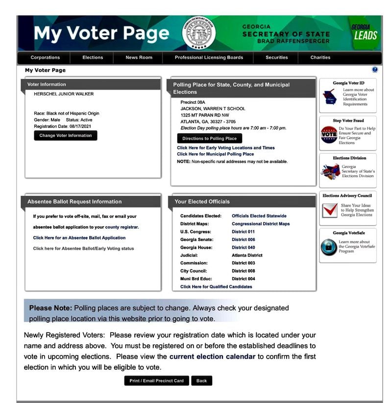 A screenshot of Herschel Walker's voter registration, with his address edited out.