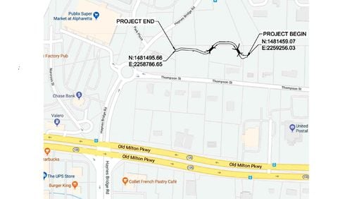 Map depicts the “Alpha Loop Gap,” where the Alpha Loop multi-use path will cross four properties to connect downtown with the Avalon mixed-use development. CITY OF ALPHARETTA