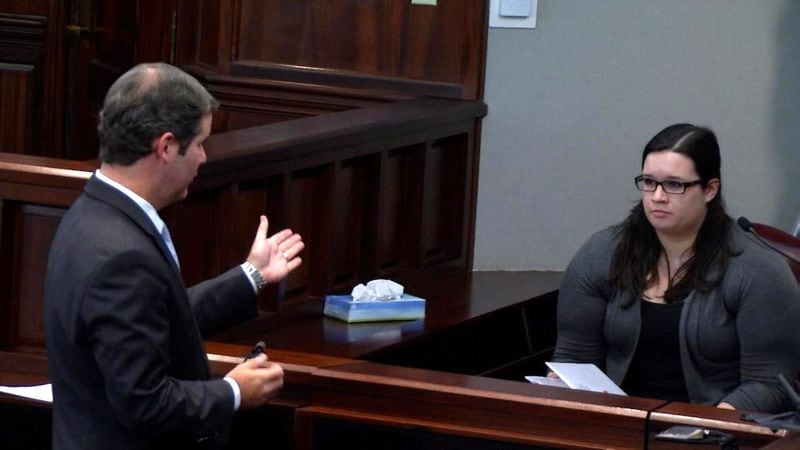 Prosecutor Chuck Boring questions Molly Sims during the murder trial of Justin Ross Harris, at the Glynn County Courthouse in Brunswick, Ga., on Thursday, Oct. 20, 2016. Sims said that she had online chats with Harris over two years and that the chats sometimes turned sexual. Sims said that Harris' messages became unwelcome and she deleted the messaging app. (screen capture via WSB-TV)