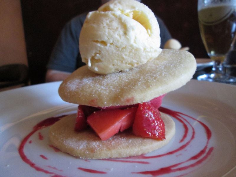 This wonderful dessert served at the Angel Hotel in Abergavenny, Wales, features ice cream, strawberries and sugar cookies. (Courtesy of Olivia King)