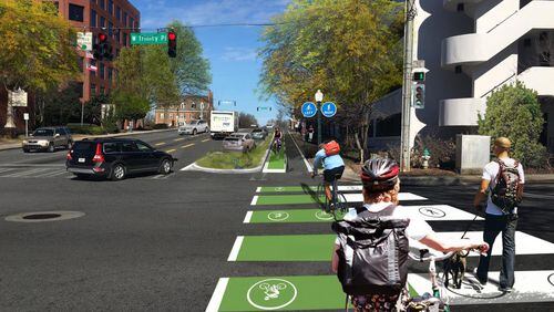Artist rendition of the two-way cycle track heading north on Commerce Drive towards downtown Decatur. On Monday night the city’s commission approved a project budget of $1 million to build the first phase of the Decatur PATH Connectivity Plan, which includes this segment. Work should begin later this year. Courtesy City of Decatur