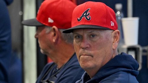 Atlanta Braves Manager Brian Snitker watches in an indoor facility on a rainy day of spring training workouts at CoolToday Park, Sunday, February, 18, 2024, in North Port, Florida. (Hyosub Shin / Hyosub.Shin@ajc.com)
