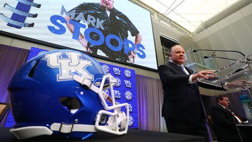 Kentucky coach Mark Stoops holds his press conference at SEC Media Days in the College Football Hall of Fame on Wednesday, July 20, 2022, in Atlanta.   “Curtis Compton / Curtis Compton@ajc.com”