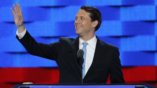 Former Georgia State Sen. Jason Carter waves to the delegates before speaking during the second day of the Democratic National Convention in Philadelphia , Tuesday, July 26, 2016. (AP Photo/J. Scott Applewhite)