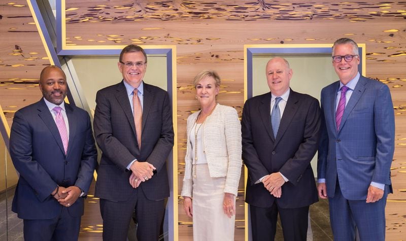 Russell Stokes, CEO of GE Power, left, David Abney, CEO of UPS, Metro Atlanta Chamber CEO Hala Moddelmog, Intercontinental Exchange CEO Jeff Sprecher and Delta Air Lines CEO Ed Bastian at the chamber’s headquarters in downtown Atlanta. SPECIAL TO AJC from Metro Atlanta Chamber
