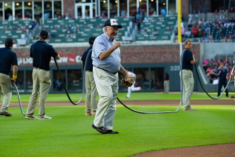 The late Justice Harris Hines was invited to throw out the ceremonial first pitch at an Atlanta Braves game not long after he retired from the Georgia Supreme Court. Photos: Kevin D. Liles/Atlanta Braves