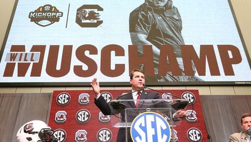 July 19, 2018 Atlanta: South Carolina head coach Will Muschamp holds his SEC Media Days press conference at the College Football Hall of Fame on Thursday, July 19, 2018, in Atlanta.     Curtis Compton/ccompton@ajc.com