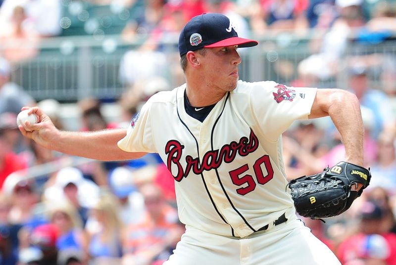 Braves rookie Lucas Sims throws a third inning pitch against the Miami Marlins at SunTrust Park on August 6, 2017 in Atlanta.