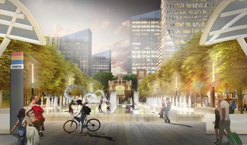 A rendering showing design concepts of “The Stitch,” a pricey proposal to cover a portion of the Downtown Connector with parks and a restored street grid.