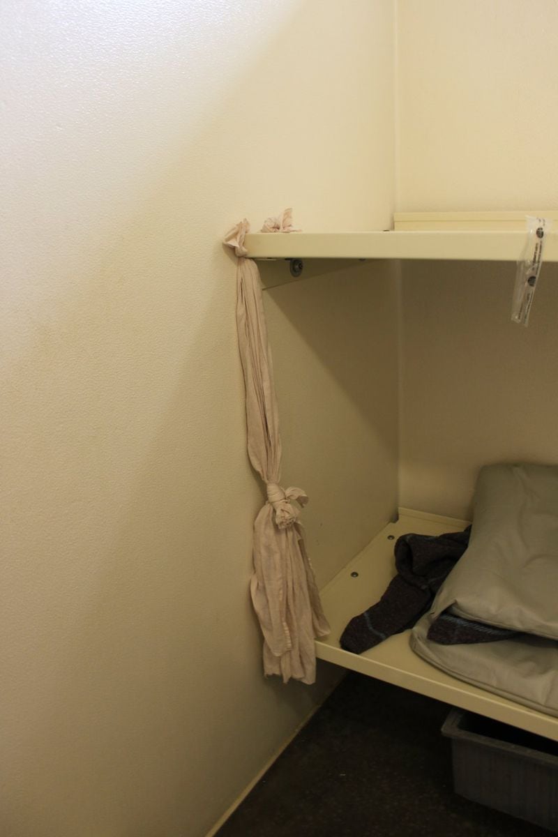Newton County jailers found Jade Tramel hanging from this bed sheet in March 2014. They cut him loose, but could not revive him. It was the second time Tramel tried to hang himself during his incarceration at the jail. LAW ENFORCEMENT PHOTO