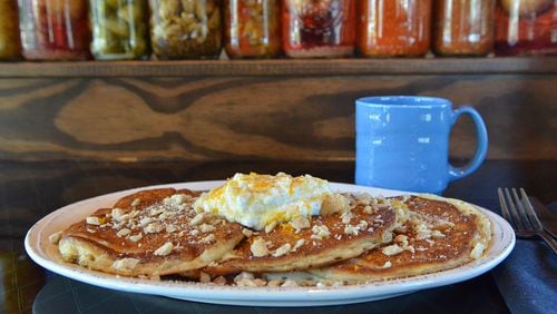 Cornmeal Pancakes with Whipped Ricotta and Candied Orange Syrup. All photos taken on Tuesday June 7, 2016 at Venkman’s. Styling by Chef Nick Melvin. (Photo by Chris Hunt/Special) for story 062316pancakes