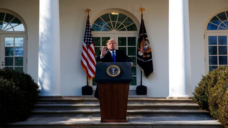 President Donald Trump speaks during an event in the Rose Garden at the White House to declare a national emergency in order to build a wall along the southern border, Friday, Feb. 15, 2019, in Washington.  