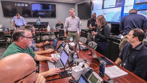 Gov. Brian Kemp visits the State Operations Center at the Georgia Emergency Management and Homeland Security Agency (GEMA/HS) headquarters on Wednesday, Sept. 28, 2022. Hurricane Ian prepares to make landfall in Florida and is projected to impact Georgia as well. (John Spink / John.Spink@ajc.com)